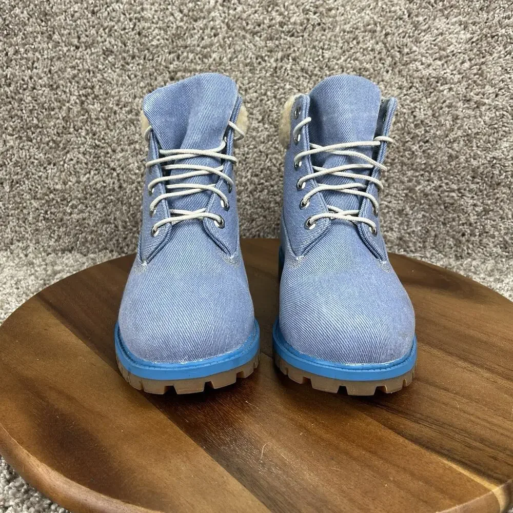 Timberland x Just Don 6” Premium Boots Girls Size 7 Blue Denim Faux Sherpa A2859